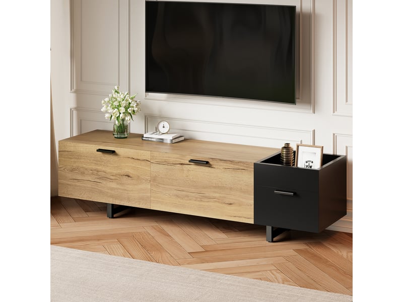 Meuble tv bois et noir 180 cm avec éclairage led, banc de télévision moderne à tiroirs et niches, bois d'ingénierie et métal, 180x38x49 cm - Conforama W