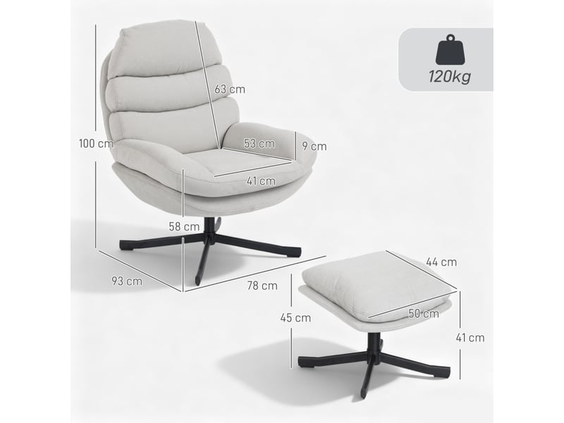  Fauteuil relax pivotant,78x93x100 cm,avec repose-pieds,chenille,crème  - Conforama C