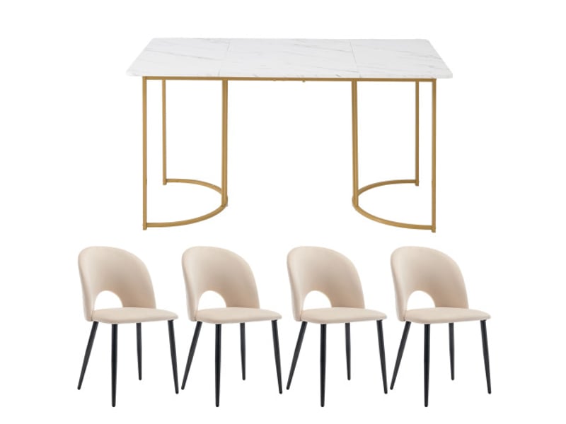 Ensemble salle à manger 4 chaises — table 140×80 cm, velours beige, motif diamant, pieds dorés, plateau mdf blanc - Conforama A