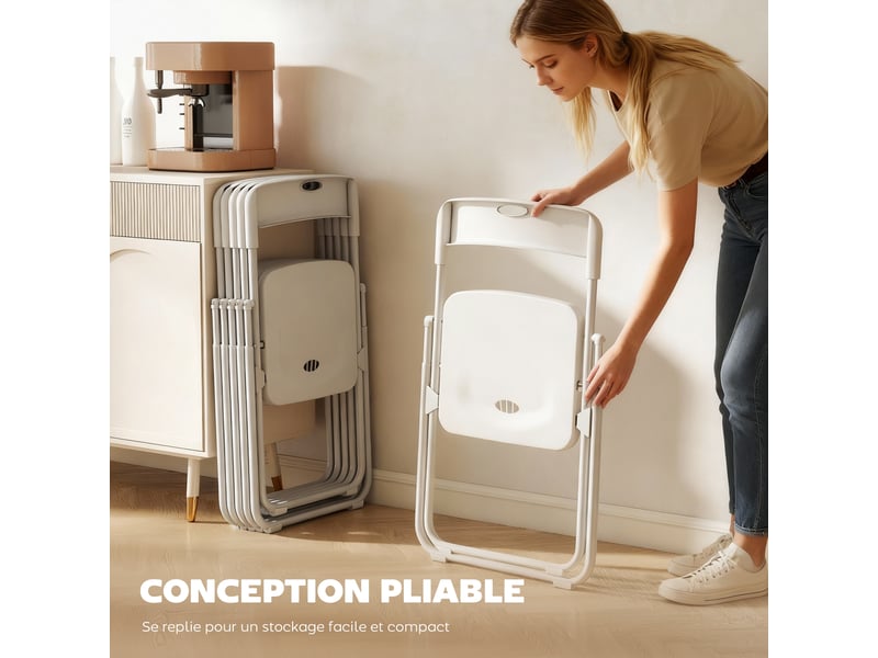  Lot de 6 chaises pliantes portables en plastique et acier, dossier incurvé, 48,5 x 47 x 75 cm, assise concave, blanc  - Conforama R