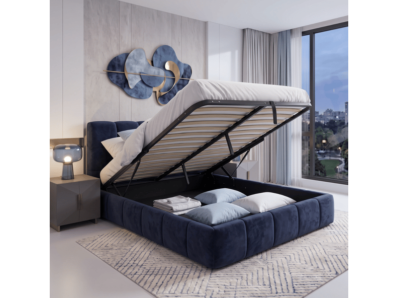  Lit coffre aneto 180x200 cm - tissu chenille bleu - grand coffre de stockage PREMIUM - Conforama C