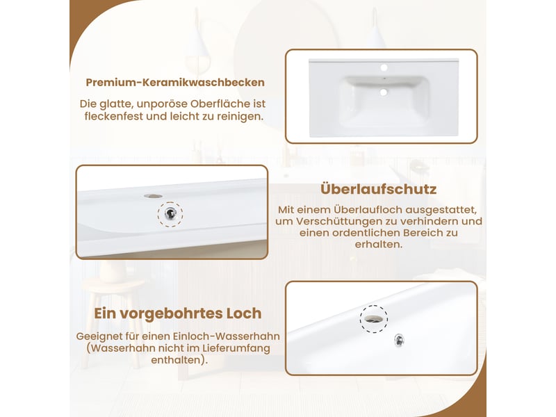 Meublede salle de bain 91 cm avec vasque céramique,91 x 48 x 88 cm,noyer,mdf et bois massif,texture ondulée,fermeture amortie - Conforama E