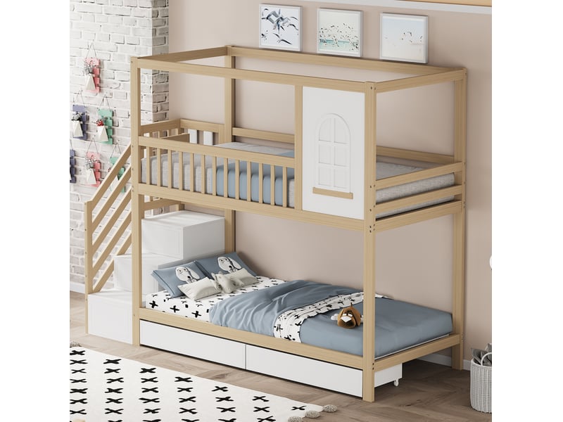  Modenvie lit superposé enfant 90x200 cm - avec tiroirs de rangement et echelle securisee - naturel  - Conforama E