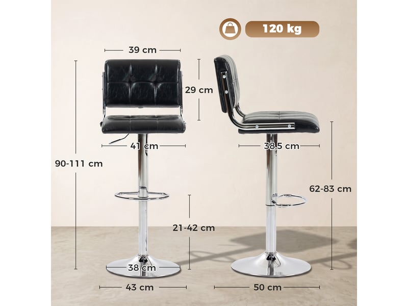  Lot de 2 tabourets de bar, hauteur réglable, pivotant 360°, siège rembourré, dossier et repose-pieds, noir  - Conforama E