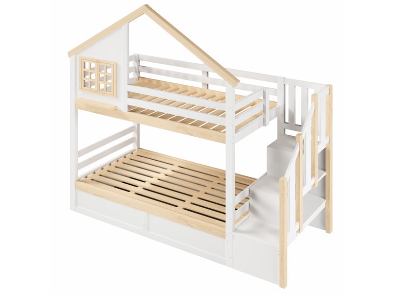 Lit superposé 90x200 cm avec rangement à relevage hydraulique, blanc et naturel  - Conforama A