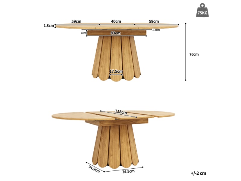  Table à manger extensible ronde en bois, transformable en ovale, dimension 118 à 158 cm, table de cuisine, salle à manger et balco  - Conforama C