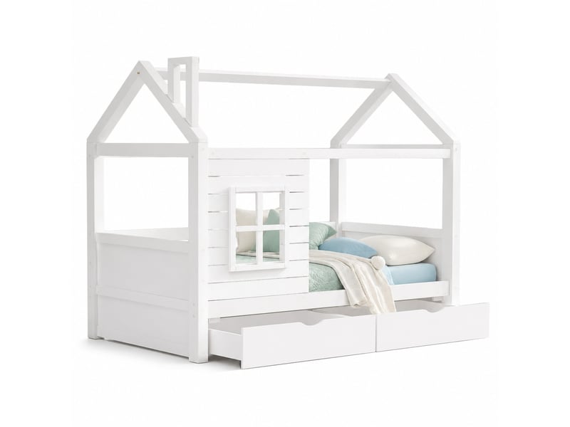  Lit cabane enfant 90 x 200 cm blanc avec protection contre les chutes, sommier à lattes et tiroirs  - Conforama A