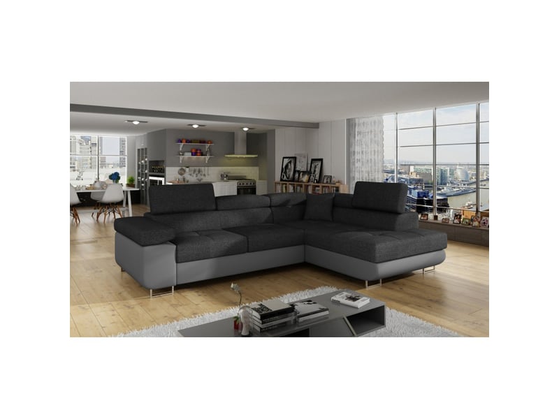  Canapé d'angle convertible menton gris foncé et gris – angle droit avec coffre  - Conforama B