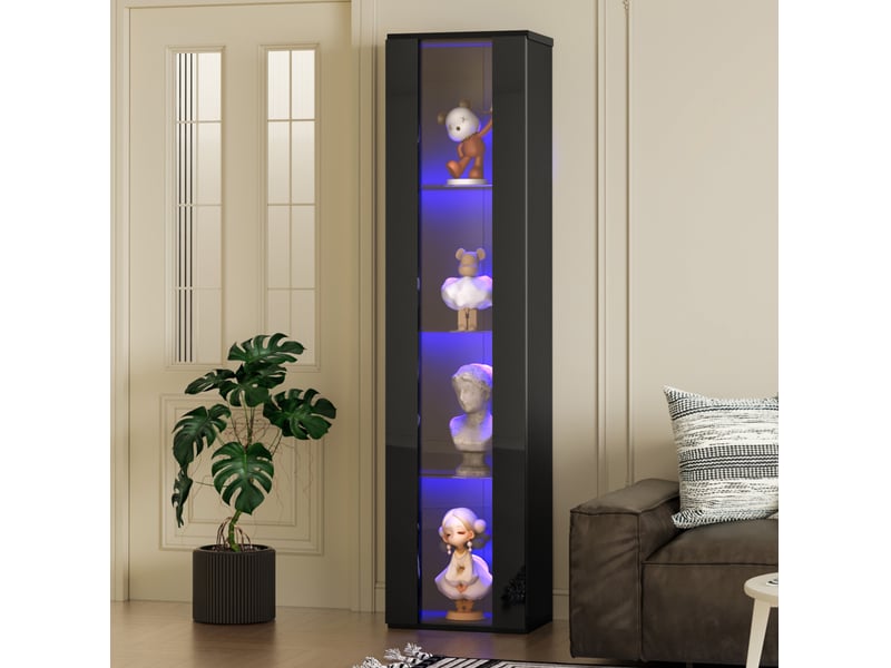  40 x 29 x 170 cm vitrine multifonctionnelle en verre noir, vitres led, contrôle par application, murale, design minimaliste  - Conforama B
