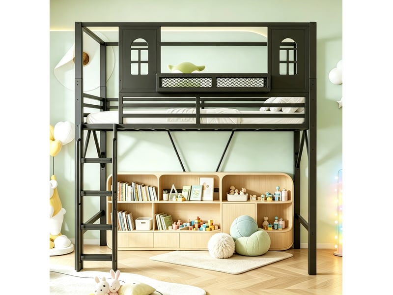  Lit mezzanine enfant 90x200 cm toit maison, 2 fenêtres, échelle avec main courante, métal et mdf, noir sans matelas  - Conforama E