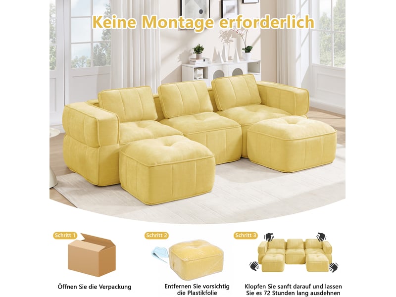  Canapé panoramique en u 3 places modulable avec 2 poufs et assise profonde, en polyester jaune  - Conforama E