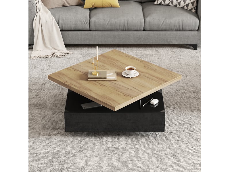  Table basse carrée pivotante 360° 70x70x36 cm avec tiroir 2 niveaux panneau de particules noir et noyer  - Conforama C