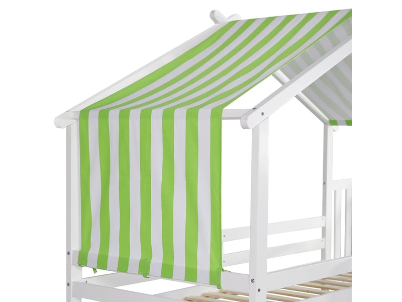 Lit superposé enfant 200×90 cm avec escalier de rangement, armoire et garde-corps, en pin et mdf blanc et vert - Conforama E