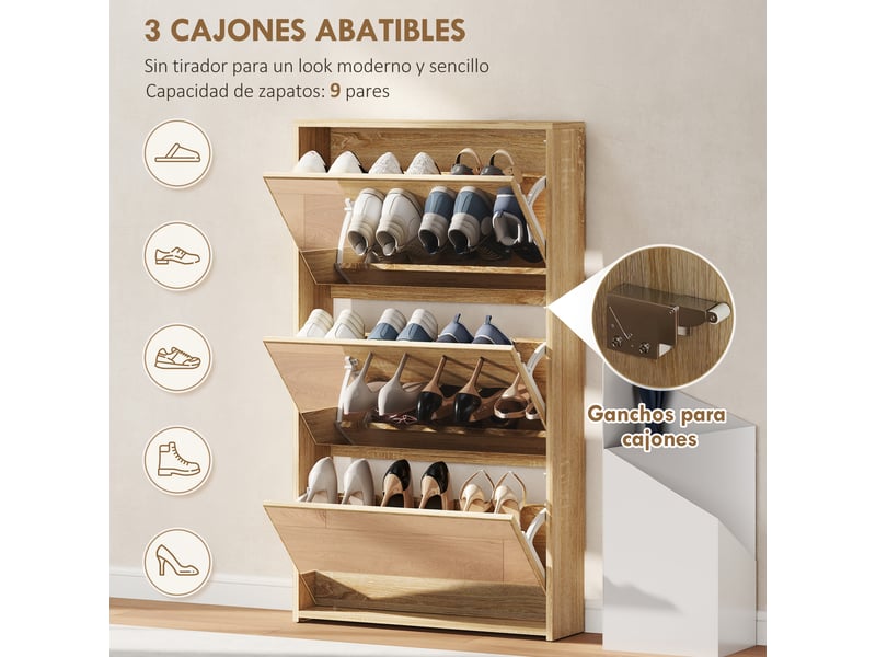  Meuble à chaussures d'entrée avec 3 portes et miroir, étagère à chaussures étroite pour 9 paires de chaussures, 65 x 17 x 114,5 cm, naturel  - Conforama E