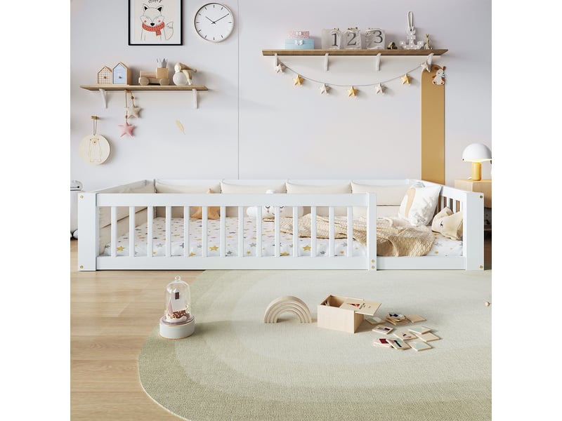 Lit simple 90x200 cm - avec barrières latérales et oreillers appuie-tête - sommier à lattes - mdf - blanc (sans matelas)  - Conforama E
