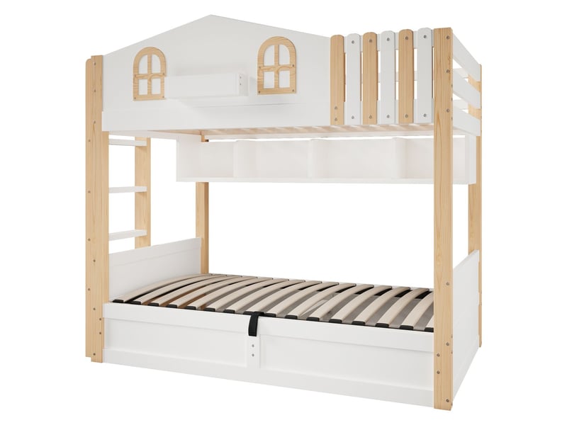  Lit superposé 90 x 200 cm design maison rangement hydraulique éclairage led compartiment de rangement ouvert position d’échelle variable blanc et naturel  - Conforama A