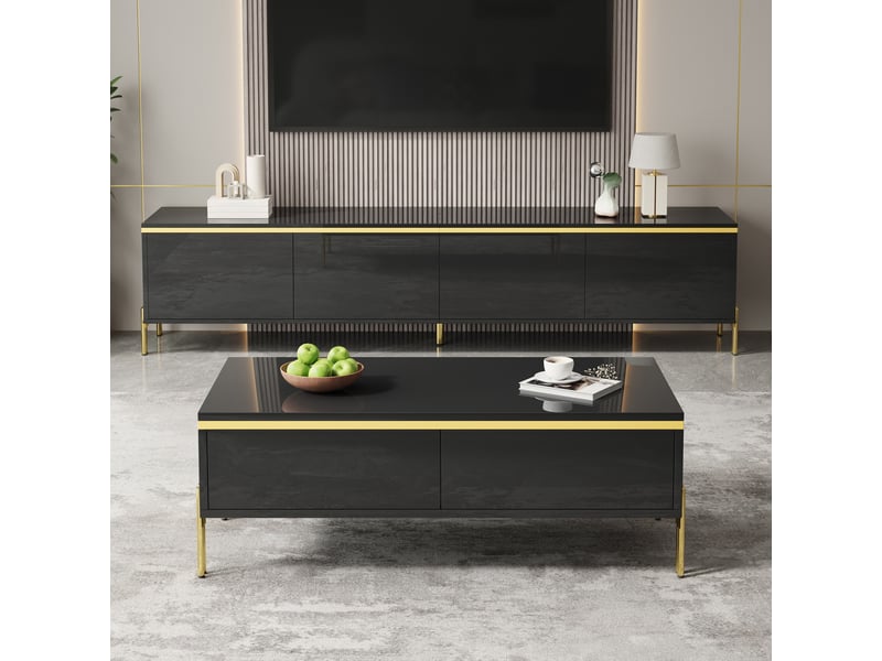  Ensemble meuble tv et table basse noir brillant 170cm avec détails dorés  - Conforama B