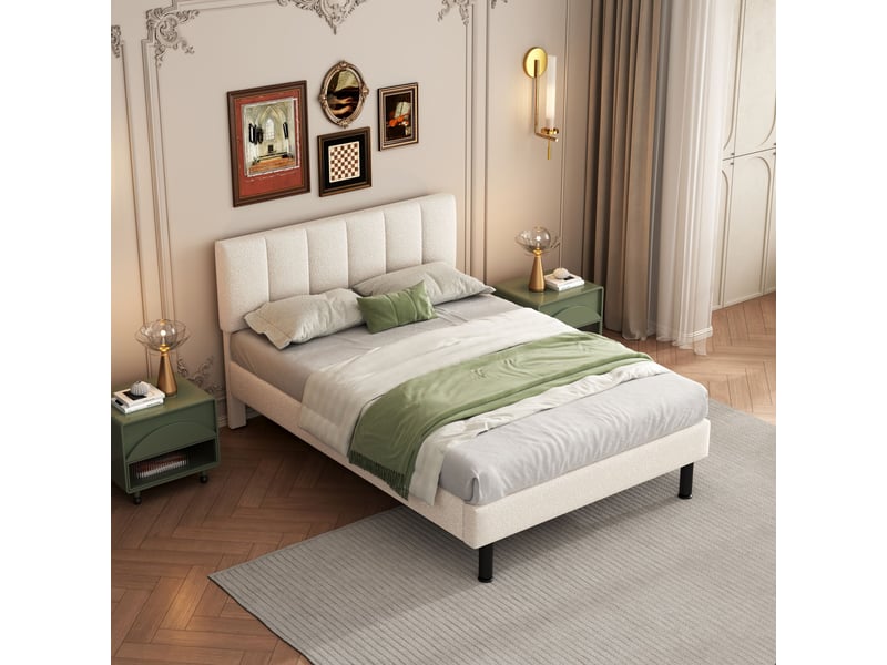  Lit double 140x190 en tissu sherpa beige avec sommier à lattes et pieds en métal robustes  - Conforama D