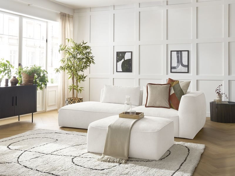  Bobochic canapé droit fixe 3 places leopold tissu texturé avec pouf blanc  accoudoir droit LEOPOLD - Conforama B