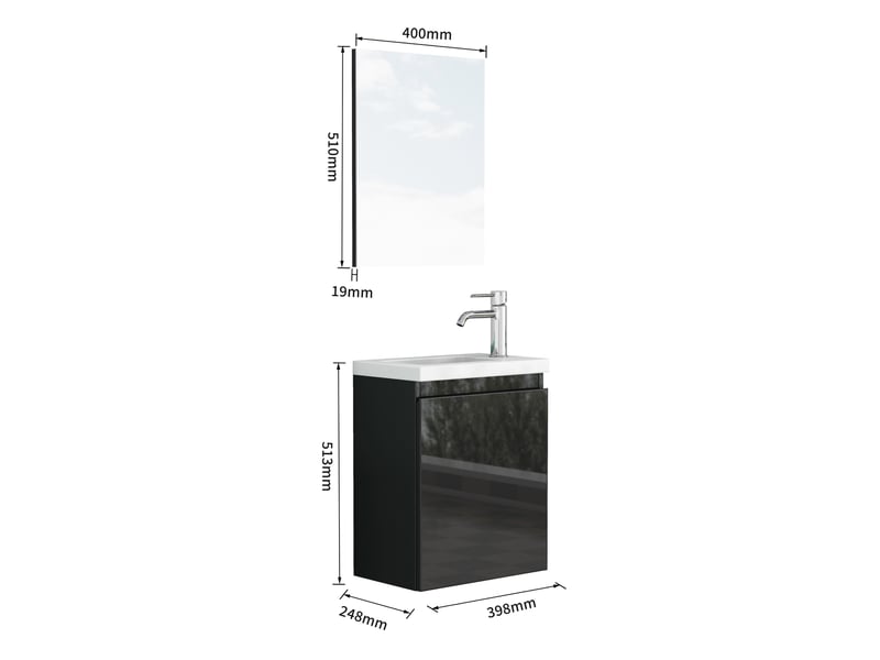  Meuble sous vasque mural avec lavabo, miroir, porte à charnières amorties et façade sans poignée noir brillant  - Conforama C