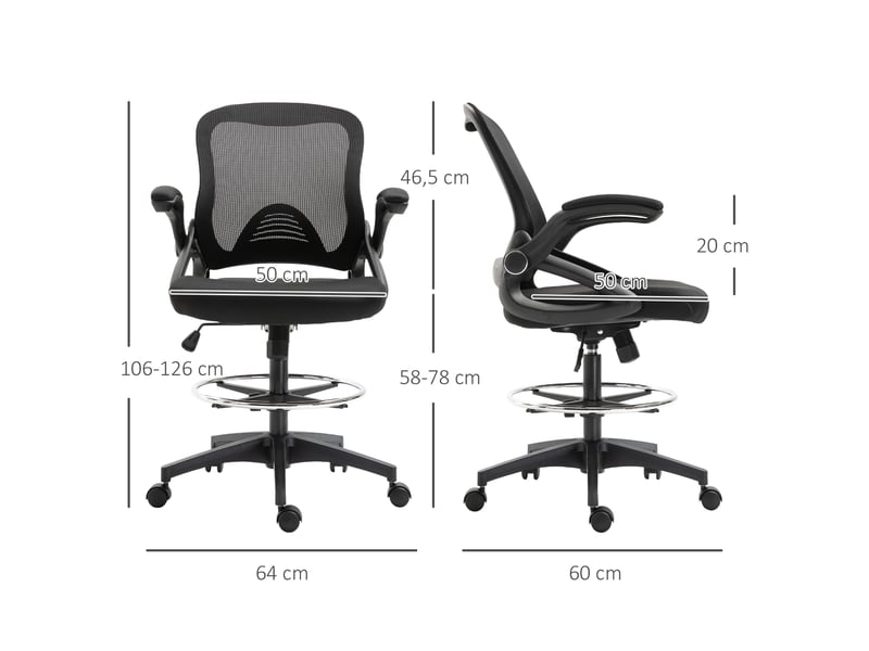  Chaise de bureau pivotante, avec repose-pieds et siège pivotant, en acier noir, 64 x 60 x 106-126 cm  - Conforama E