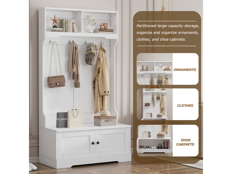  Meuble d’entrée blanc avec banc intégré, 4 patères et 2 niches ouvertes, rangement chaussures et manteaux, 101,5 x 183 cm  - Conforama E