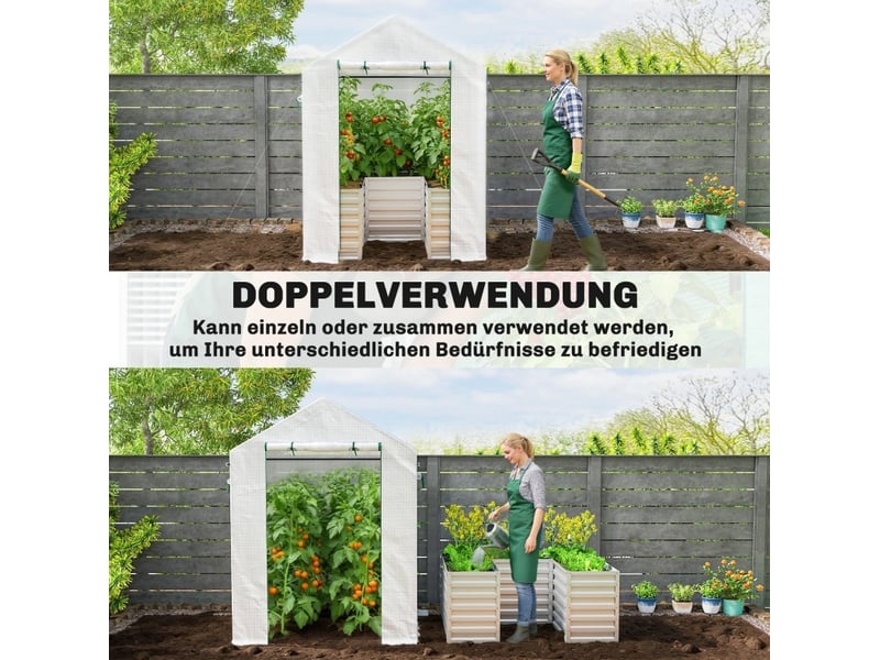 Serre de jardin avec bac surélevé 141 x 141 x 190 cm – blanche – aération réglable et porte enroulable - Conforama E