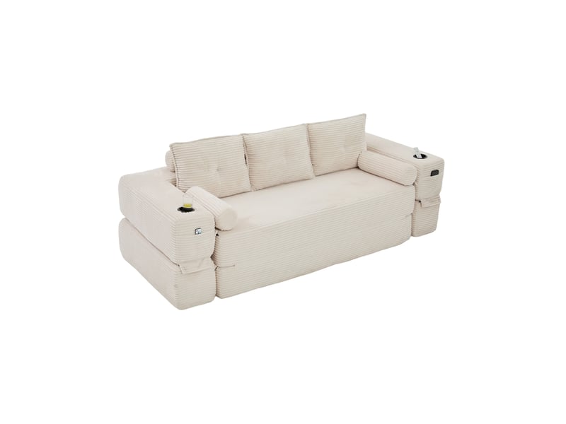  Canapé-lit convertible 3 places en velours côtelé beige avec porte-gobelets  - Conforama A