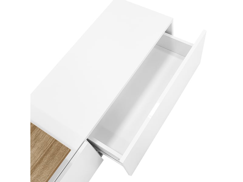  Meuble tv blanc brillant – finition bois – 4 plateaux en verre – éclairage led – grand rangement  - Conforama D