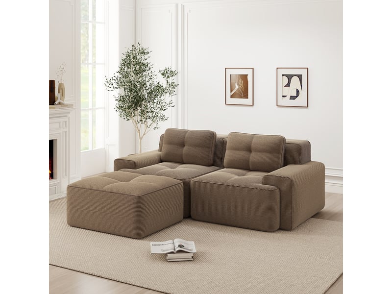  Canapé modulable d'angle en l,204x177x69cm,canapé 2 places sans structure avec 1 pouf,en velours côtel,rembourrage haute densité 32d - marron  - Conforama B