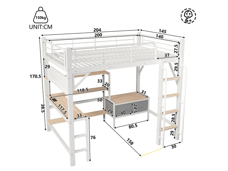  Lit mezzanine 140x200 cm avec bureau, rangements, led et usb blanc  - Conforama C