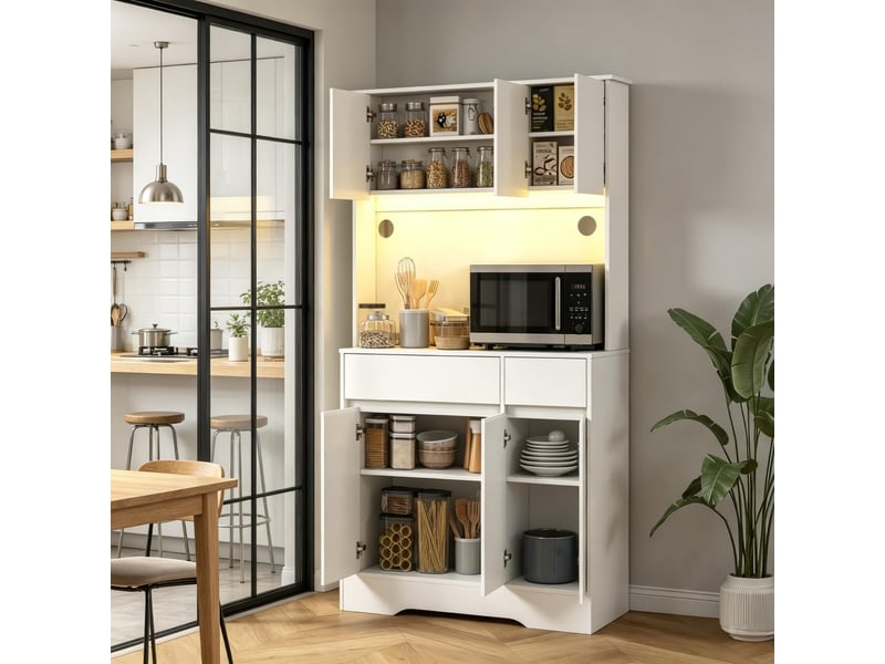  Buffet de cuisine haut blanc, meuble de rangement 6 portes et 2 tiroirs, led. Vendu sans matelas.  - Conforama B