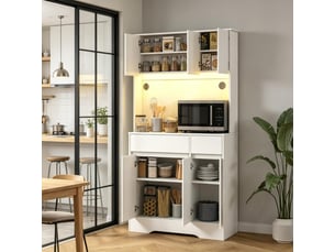 Buffet de cuisine haut blanc, meuble de rangement 6 portes et 2 tiroirs, led. Vendu sans matelas.
