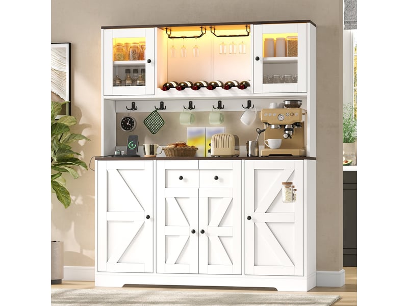 Buffet haut de cuisine 140x40x173 cm avec led rgb, 2 prises, 2 usb, casier à vin, porte-verres, portes acrylique, étagères réglables, mdf blanc - Conforama B