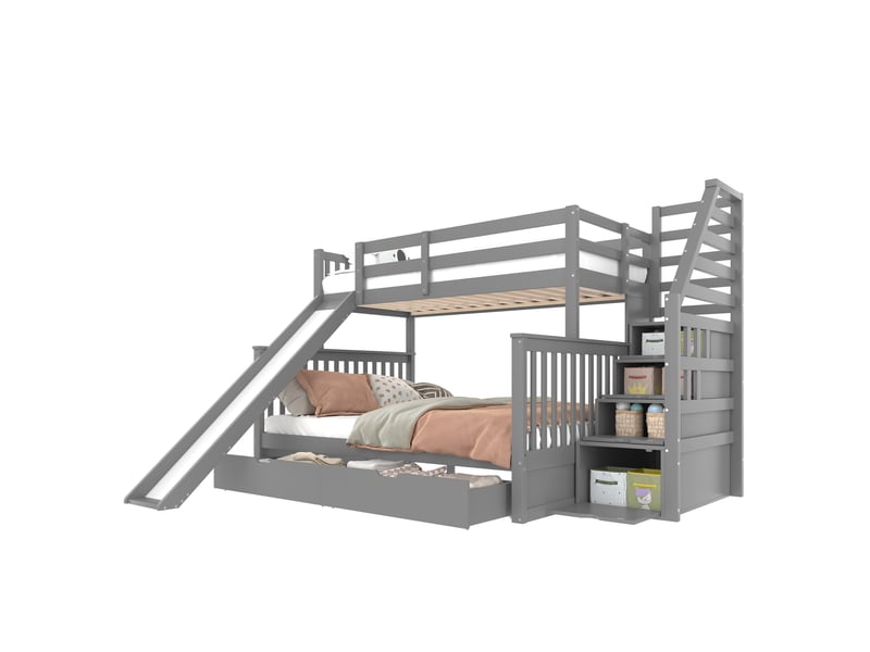  Lit superposé 90 x 200 sur 140 x 200 cm avec tiroirs, rangement et toboggan, sans matelas, pin, gris, multifonctionnel  - Conforama A