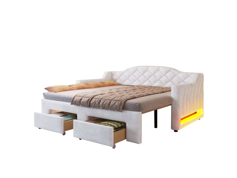  Modenvie banquette-lit gigogne 90x200180x200 cm - extensible, 2 tiroirs, led - blanc  - Conforama A