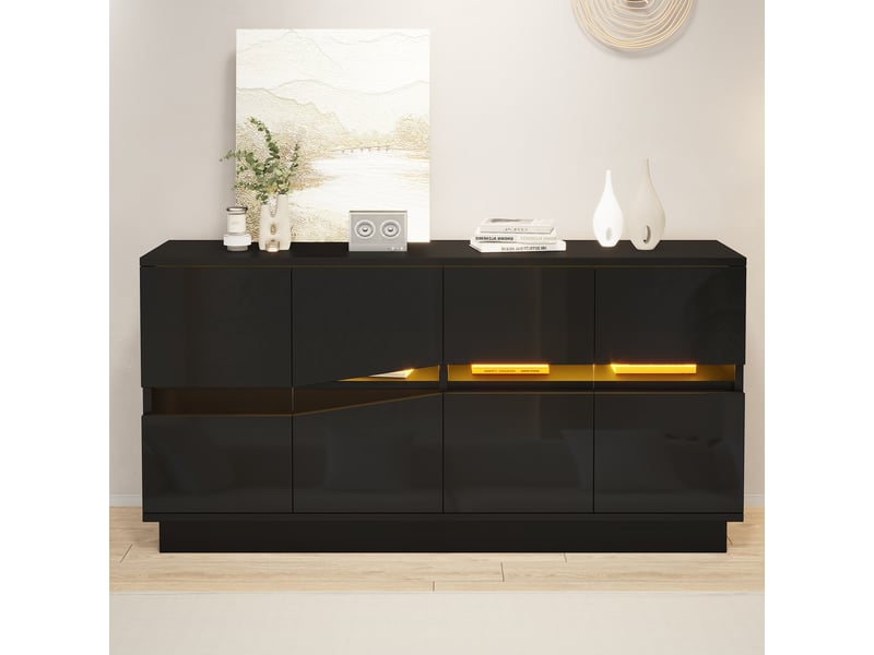  Buffet 4 portes 140x35x70cm, led rgb bluetooth avec appli, étagères réglables, façade brillante, aggloméré et acrylique, noir  - Conforama B