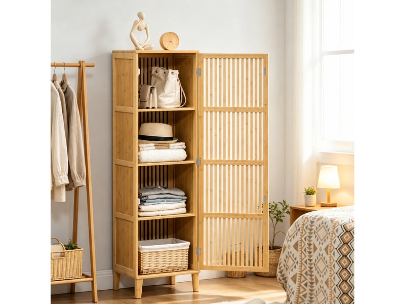  Colonne de rangement en bambou naturel avec porte à lattes, 40 x 30 x 140 cm  - Conforama B