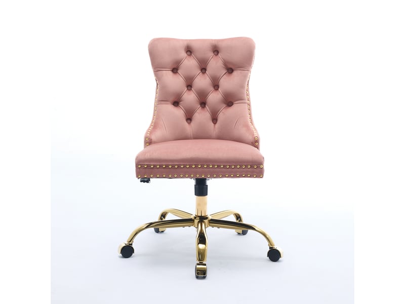  Fauteuil de bureau en velours rose capitonné avec rivets – chaise de bureau pivotante et réglable en hauteur avec pieds métal doré – design chic – rose  - Conforama A