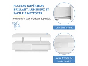 Table basse 95x50x42,5 cm avec led bluetooth, 2 tiroirs, 2 niches, 4 inserts en verre, salon, blanc