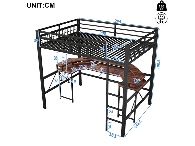  Lit mezzanine 140 x 200 cm en métal avec bureau, led multicolore et prises  - Conforama C