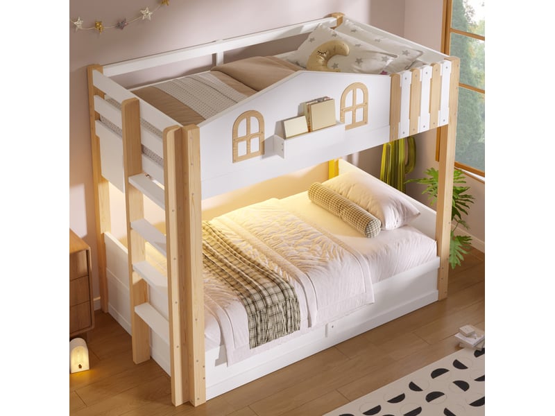  Lit superposé 90 × 200 cm 2 places avec coffre hydraulique, led et étagères, sans matelas, blanc et chêne  - Conforama C
