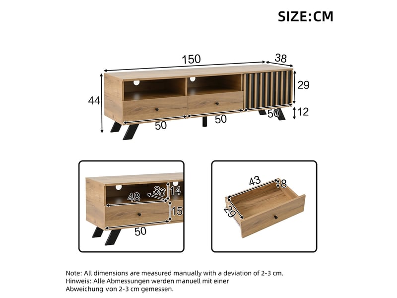  Meuble tv bas 150 cm, 2 tiroirs, noir et bois naturel, panneaux de particules, pour tv jusqu’à 60 pouces Fay Lum - Conforama C