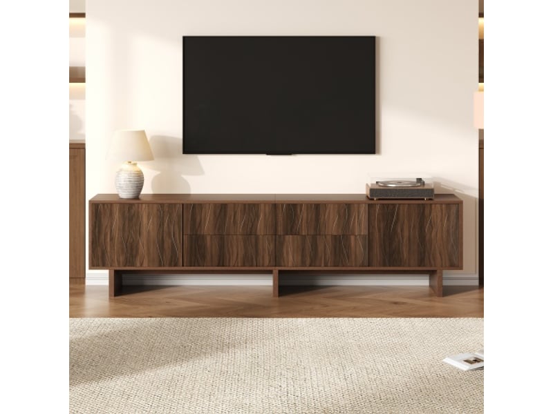  Meuble tv 180 x 40 x 56 cm, 4 tiroirs et 2 portes, design ondulé, compatible tv jusqu'à 75, bois noyer foncé  - Conforama B