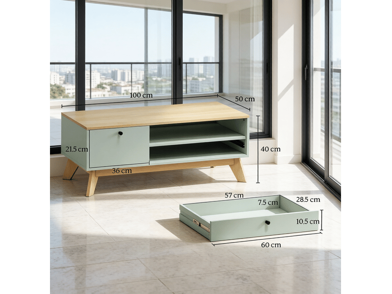  Table basse rectangulaire 100 x 50 cm avec tiroir, placard et niche ouverte  - Conforama C