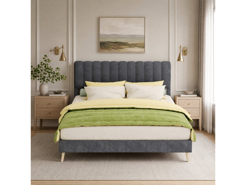  Lit double 200×160 cm en velours hollandais gris et métal, sans matelas  - Conforama B