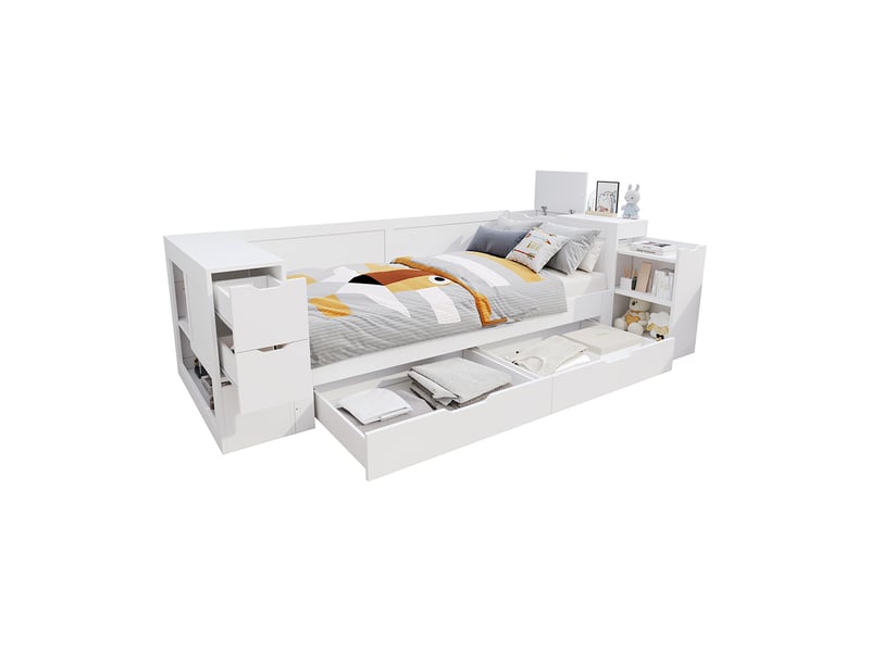  Lit enfant 90x190 cm avec tiroirs, étagères et placards de rangement, tables de chevet, sommier à lattes, structure en mdf, blanc  - Conforama A