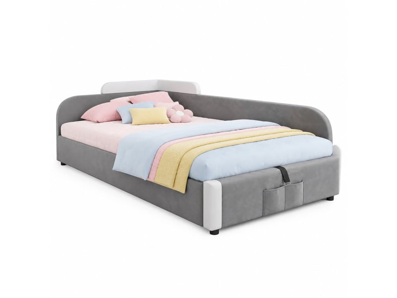  Lit enfant 90x200 cm avec rangement hydraulique, barrières rembourrées gris et blanc  - Conforama A