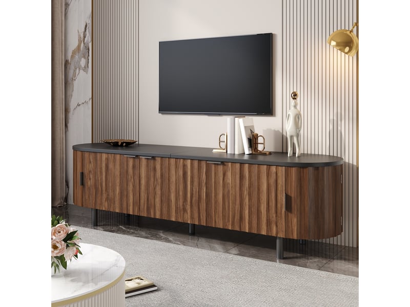 Meuble tv 170 cm avec 5 portes, façades rainurées, côtés arrondis, grand rangement, pieds et poignées métal, mdf effet noyer, pour salon - Conforama E