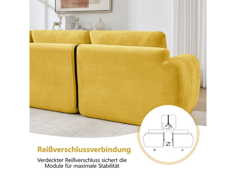  Canapé modulable nuage sans cadre en u 3 places jaune, chenille, mousse 32d, configuration libre, avec 2 poufs, sans montage  - Conforama E